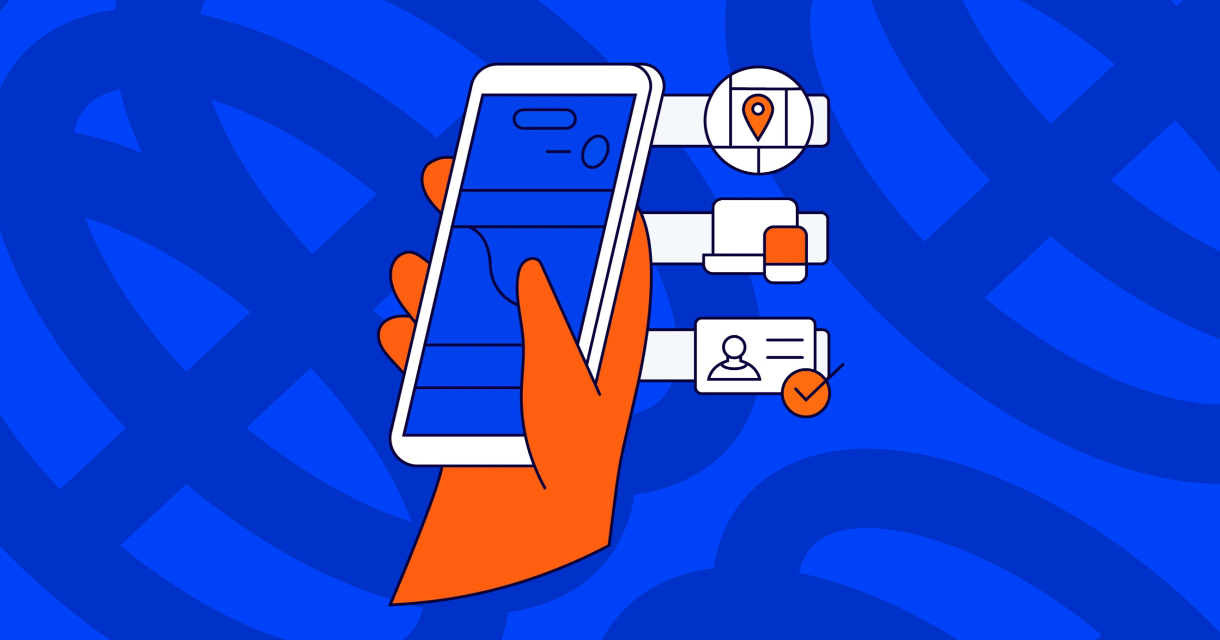 Hand holding phone with location, device and identity check.