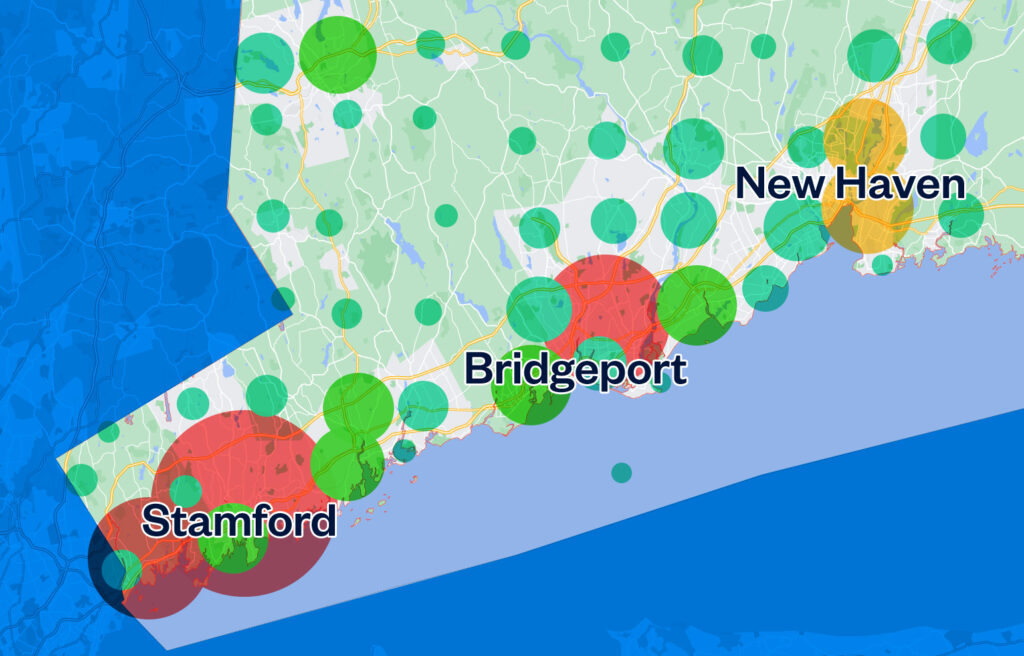 Density map demonstrates the concentration of online casino and sports betting activity in Connecticut