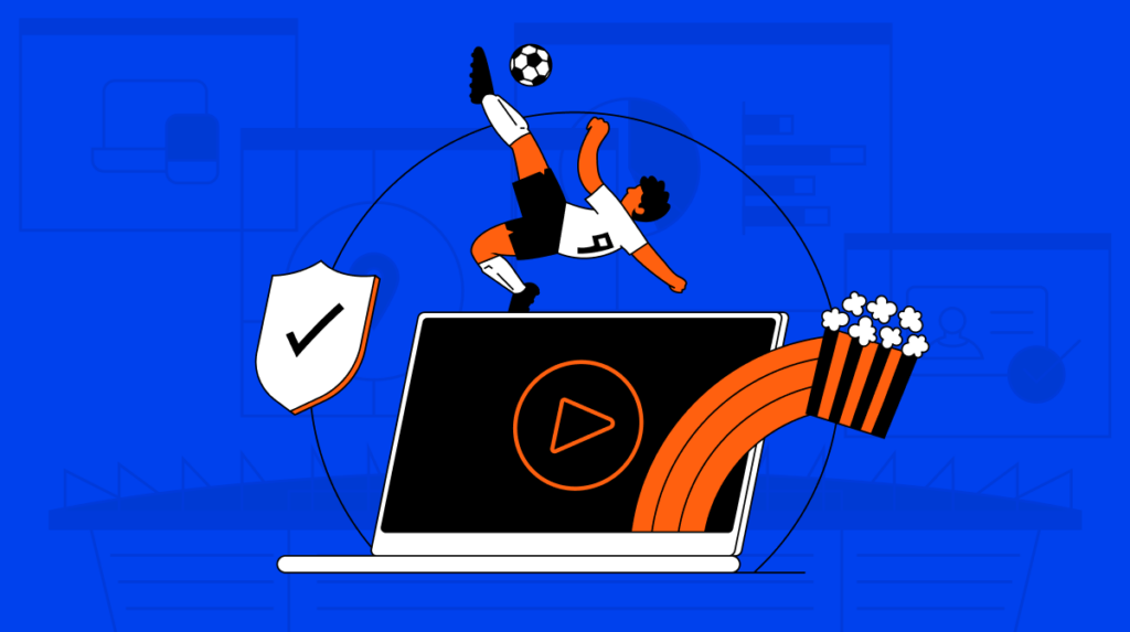 Laptop with streaming icon, popcorn flying from the screen and soccer player kicking soccer ball above.