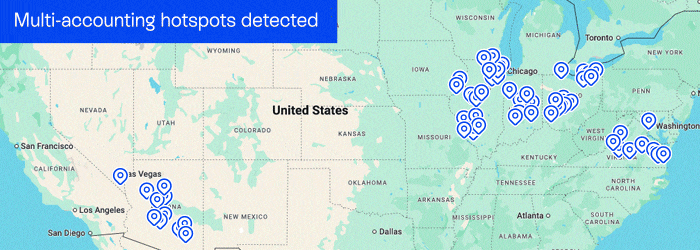 Animated US map cycling between two views: real multi-accounting hotspots detected through precise location intelligence, and accounts using location spoofing to mask their true origin. The contrast illustrates how layered location and device signals expose coordinated fraud rings that appear geographically dispersed under IP-only detection — revealing the clustering pattern that makes automated blocking possible.